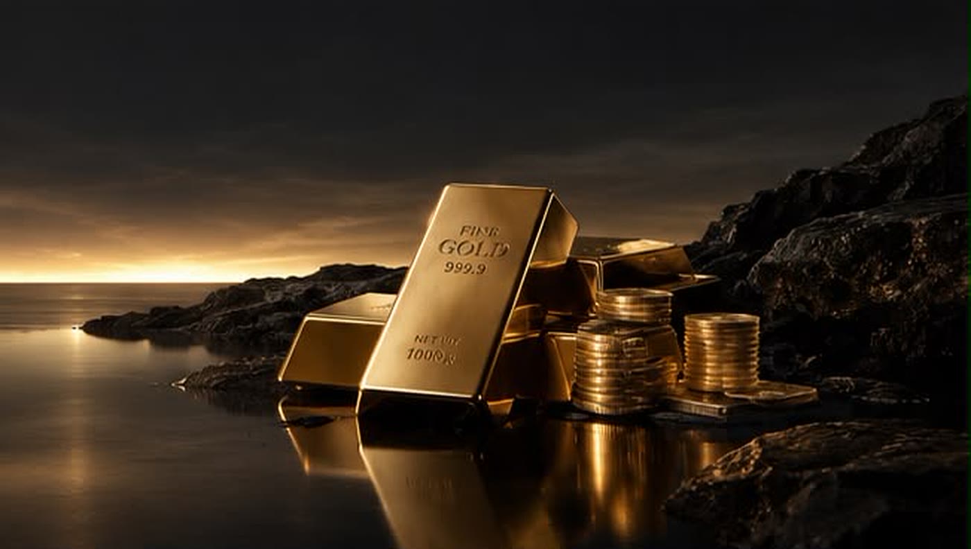 Lingotes y monedas de oro sobre rocas oscuras junto al mar